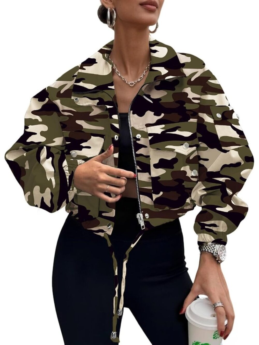 Women's Camo Lightweight Cropped Anorak Coat Fall Winter Zip Up Bomber Jacket